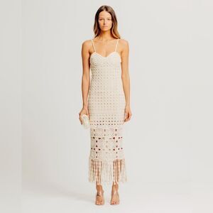 Torn by ronny kobo Neutral Boho Crocheted Fringe Midi Dress Size M